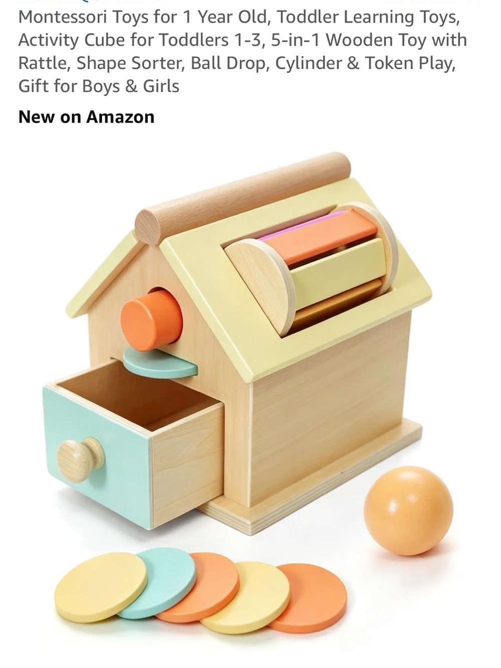Wooden Montessori Activity House Toy - Pastel Yellow, Mint & Orange